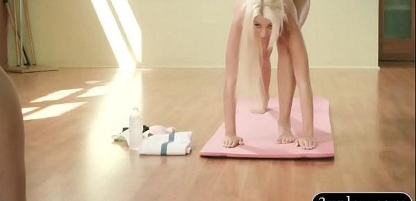  Busty trainer teaching new yoga techniques to two hotties